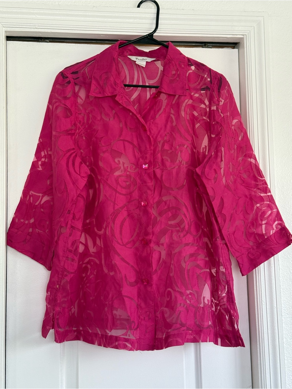 TanJay Sheer Hot Pink Button-Up Blouse